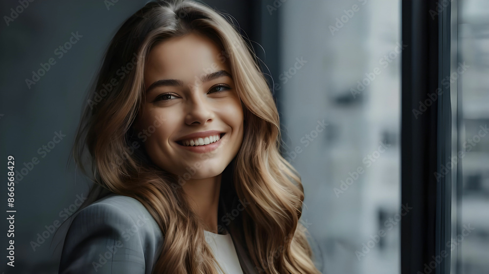 Charming young business woman with a radiant smile, long hair cascading over her shoulders, gray backdrop Charming young business woman with a radiant smile, long hair cascading over her shoulders, gray backdrop