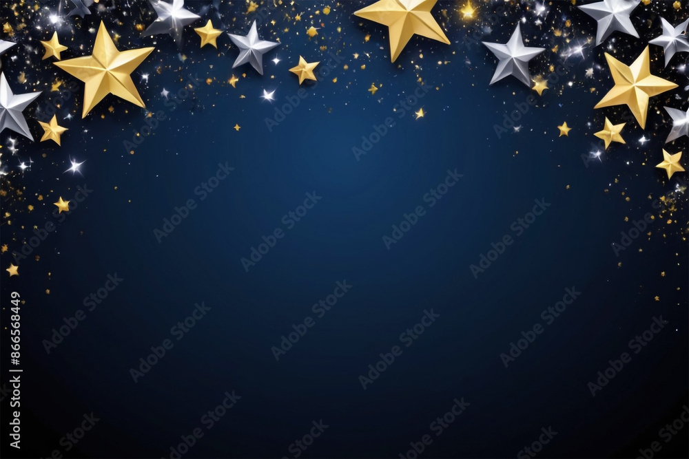 Sparkling Gold and Silver Stars on Dark Blue or Black Background Sparkling Gold and Silver Stars on Dark Blue or Black Background