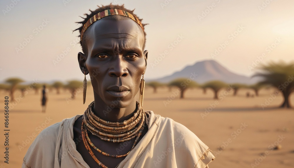 Portrait of Turkana man in traditional clothes, copy space for text