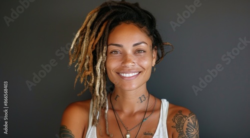 Portrait of a Smiling Woman With Dreads and Tattoos Against a Dark Background