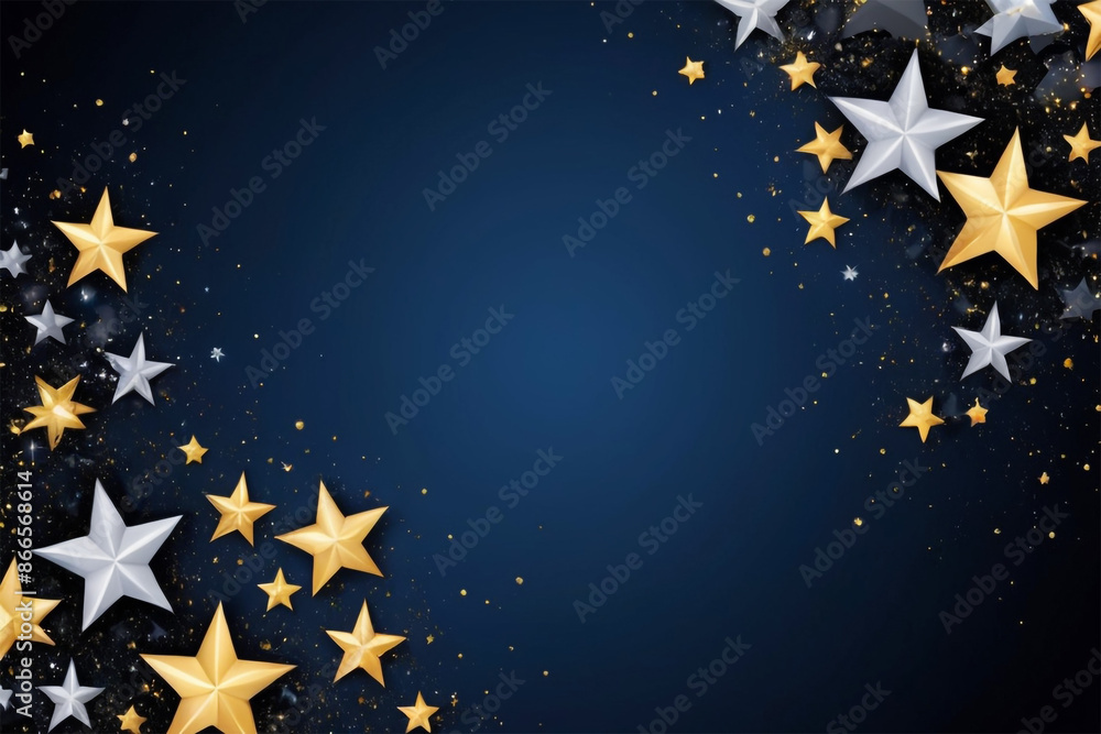 Sparkling Gold and Silver Stars on Dark Blue or Black Background Sparkling Gold and Silver Stars on Dark Blue or Black Background