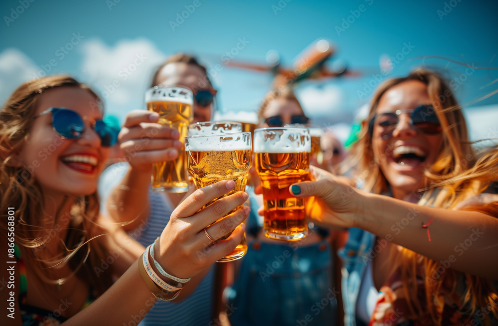 A group of friends of different ethnicities drinking beer at a summer festival. Concept of vacations, festivals, summer parties, and alcohol consumption. A group of friends of different ethnicities drinking beer at a summer festival. Concept of vacations, festivals, summer parties, and alcohol consumption.
