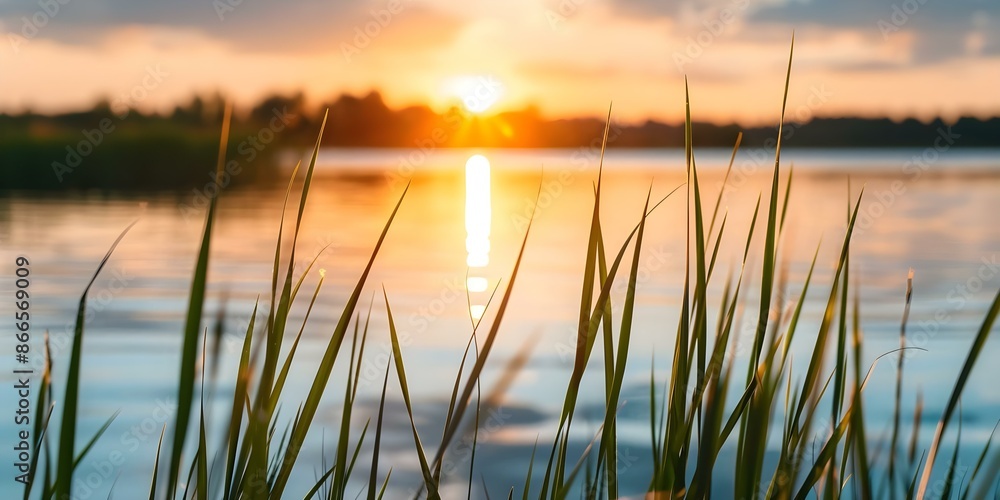 Scenic Sunset over a Lake with Blurred Background Grass - Perfect for Design. Concept Nature Photography, Sunset Landscape, Lake Reflection, Blurred Grass, Design Inspiration Scenic Sunset over a Lake with Blurred Background Grass - Perfect for Design. Concept Nature Photography, Sunset Landscape, Lake Reflection, Blurred Grass, Design Inspiration