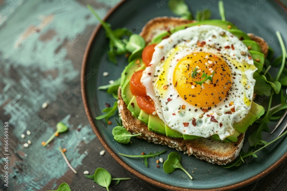 Delicious avocado toast topped with a sunnyside up egg, cherry tomatoes, and microgreens on a rustic plate Delicious avocado toast topped with a sunnyside up egg, cherry tomatoes, and microgreens on a rustic plate