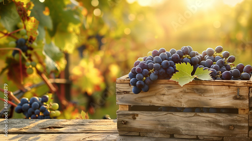 copy space, stockphoto, big wooden box filled with freshly picked grapes, background of vineyard. Lifestyle, agriculture, harvest theme. Healthy food. Traditional agriculture. photo