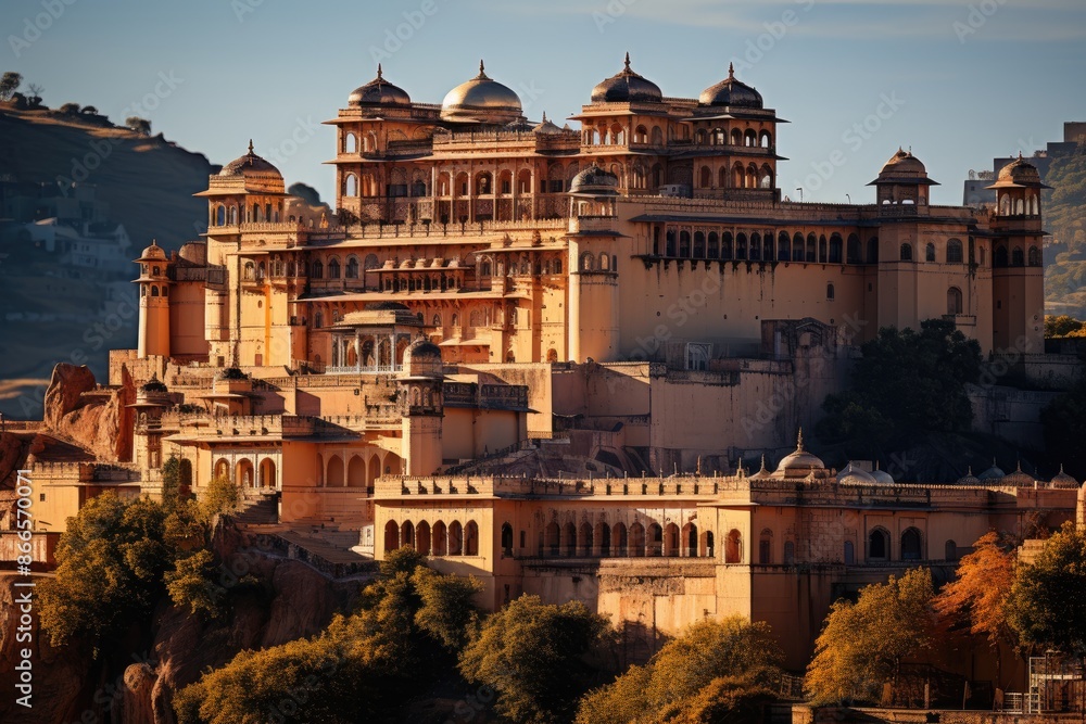 Obraz premium Jaipur, India, Forte Amber (Amber Fort), a majestic fortress in the hills., generative IA