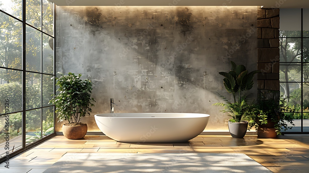 Minimalist bathroom design with a white bathtub, large windows, and natural stone walls. Natural light floods the space, creating a peaceful, zen-like environment with contemporary luxury Minimalist bathroom design with a white bathtub, large windows, and natural stone walls. Natural light floods the space, creating a peaceful, zen-like environment with contemporary luxury