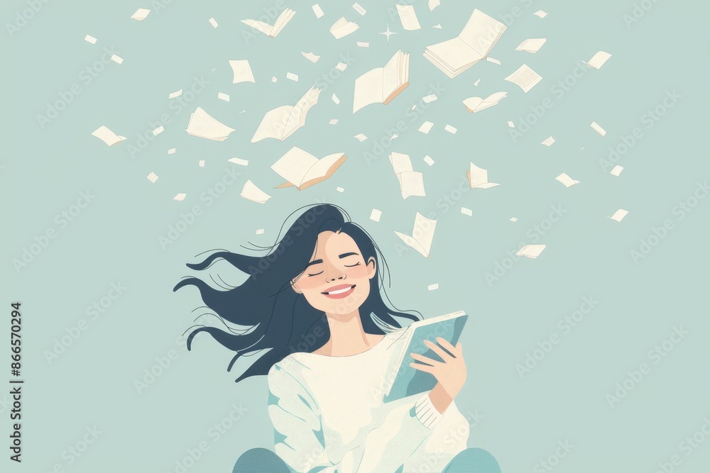 Conceptual collage of pretty girl inside smartphone device advising smart electronic book reader library Conceptual collage of pretty girl inside smartphone device advising smart electronic book reader library