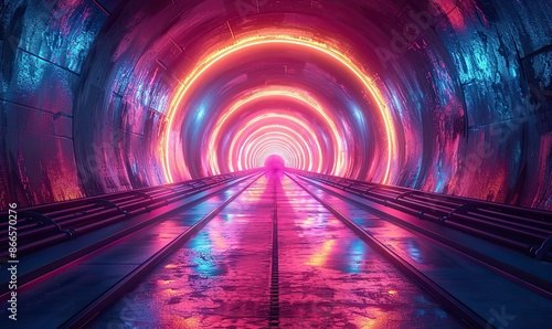Futuristic abstract background: portal tunnel with pink, blue, and green neon lines and lights in motion. Data transfer concept. Science wallpaper.