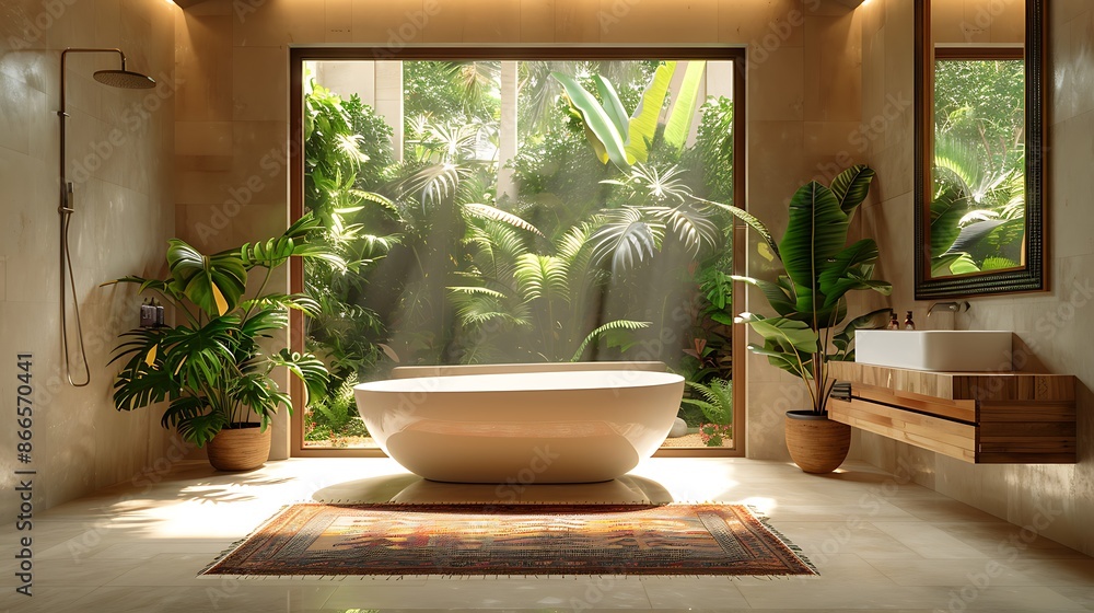 Minimalist bathroom design with a white bathtub, lush indoor plants, and natural wooden accents. Soft natural light enhances the luxurious and nature-blended aesthetic, creating a serene Minimalist bathroom design with a white bathtub, lush indoor plants, and natural wooden accents. Soft natural light enhances the luxurious and nature-blended aesthetic, creating a serene