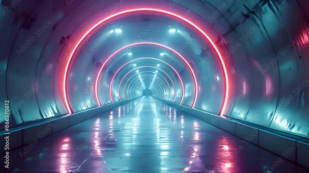 A view down a futuristic tunnel with vibrant red and blue neon lights ...