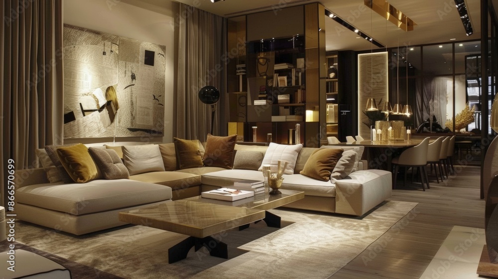 A modern living room with a large sectional sofa and a coffee table. The room is decorated in a neutral color scheme with beige, brown, and white accents A modern living room with a large sectional sofa and a coffee table. The room is decorated in a neutral color scheme with beige, brown, and white accents