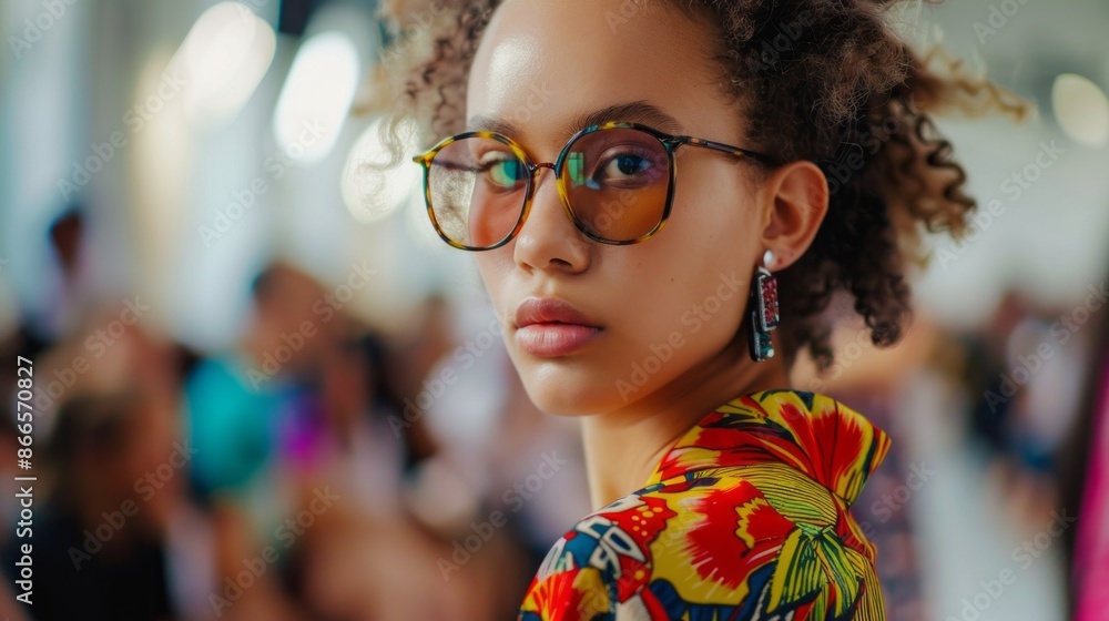 A fashion model looks confidently into the camera while walking down a runway during a fashion show. The model is wearing a colorful floral blouse and large round glasses A fashion model looks confidently into the camera while walking down a runway during a fashion show. The model is wearing a colorful floral blouse and large round glasses