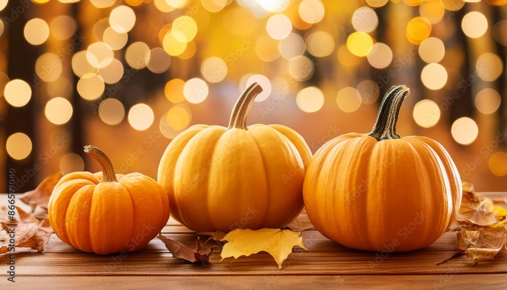 Three Pumpkins on Wooden Table Surrounded by Autumn Leaves, Blurred Background Three Pumpkins on Wooden Table Surrounded by Autumn Leaves, Blurred Background