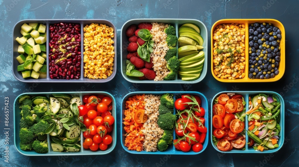 Intriguing arrangement of healthy meals in colorful containers Intriguing arrangement of healthy meals in colorful containers