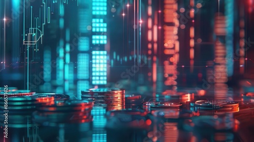 Intriguing composition of coins and futuristic graphs photo