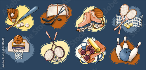 Sports equipment. Team games and hobbies: Baseball, Bowling, Basketball, Badminton, Tennis etc. Vector.