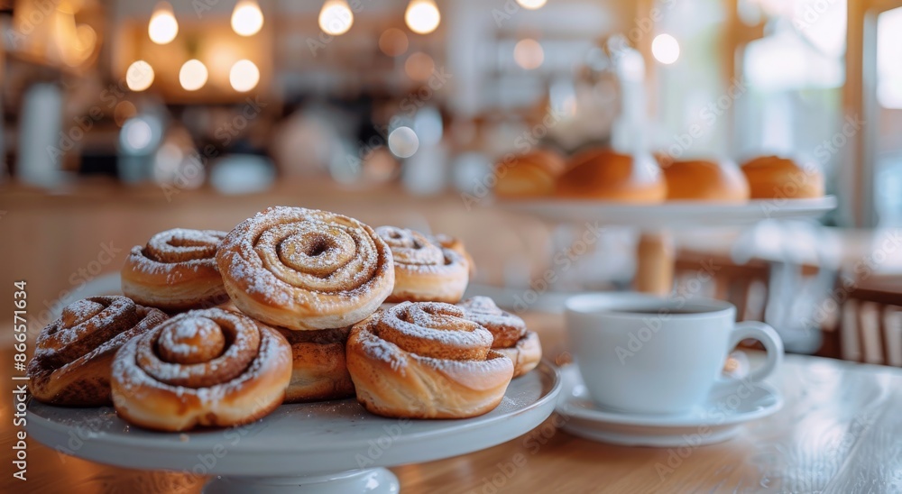 A Freshly Baked Cinnamon Roll and Coffee at a Cafe A Freshly Baked Cinnamon Roll and Coffee at a Cafe