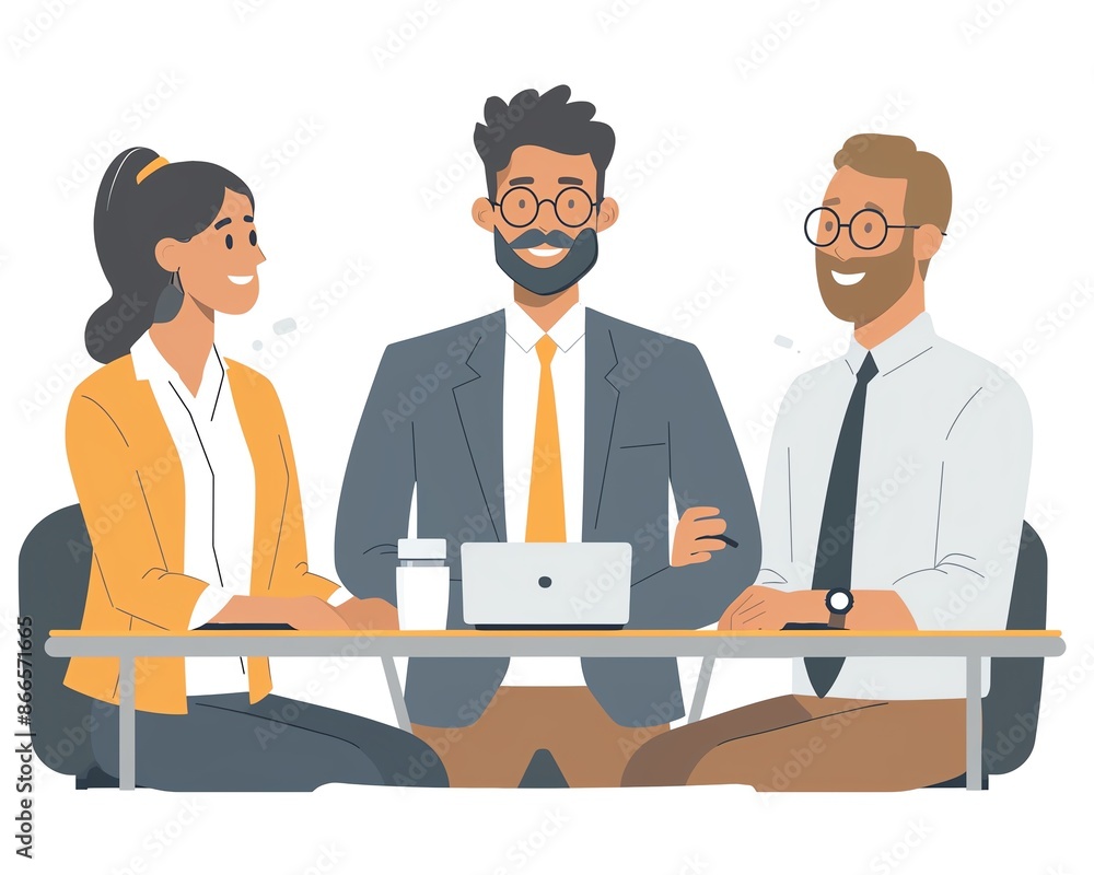 Three smiling colleagues having a productive meeting around a desk. Three smiling colleagues having a productive meeting around a desk.
