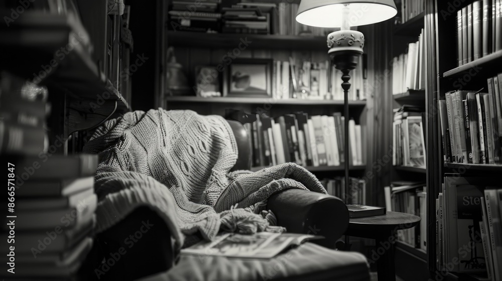 Fototapeta premium A cozy reading nook with a blanket draped over a couch and a lamp on a table