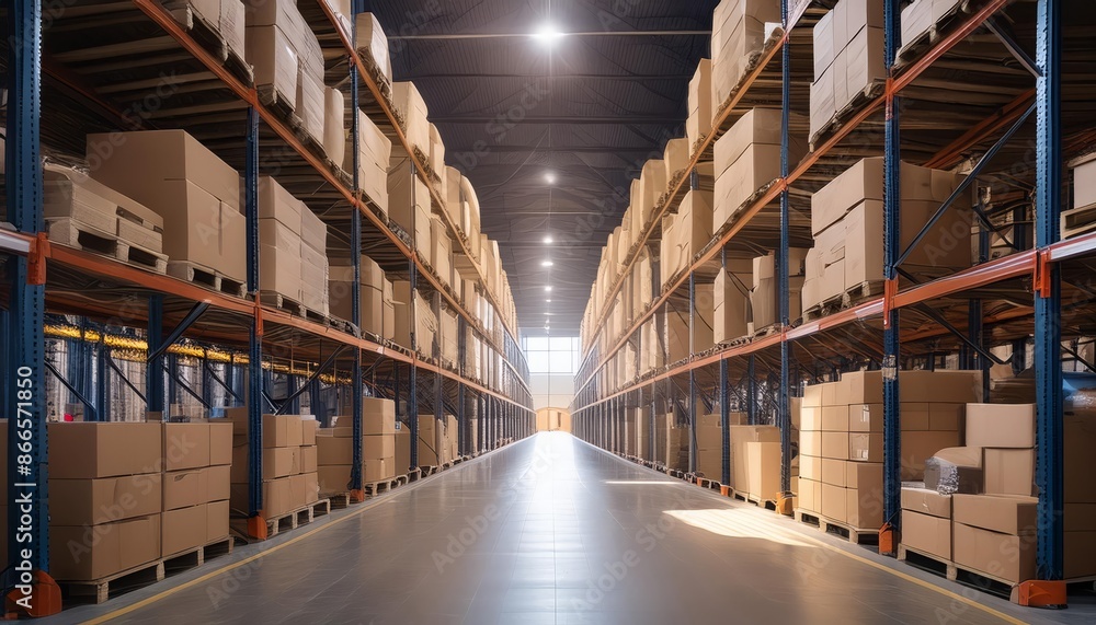 Warehouse filled with goods on shelves, pallets, and forklifts, showcasing logistics and transport Warehouse filled with goods on shelves, pallets, and forklifts, showcasing logistics and transport