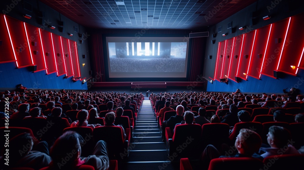 A dynamic scene in a fully occupied movie theater, where viewers of all ages sit in rapt attention, eagerly awaiting the beginning of a highly anticipated film on the large cinema screen A dynamic scene in a fully occupied movie theater, where viewers of all ages sit in rapt attention, eagerly awaiting the beginning of a highly anticipated film on the large cinema screen