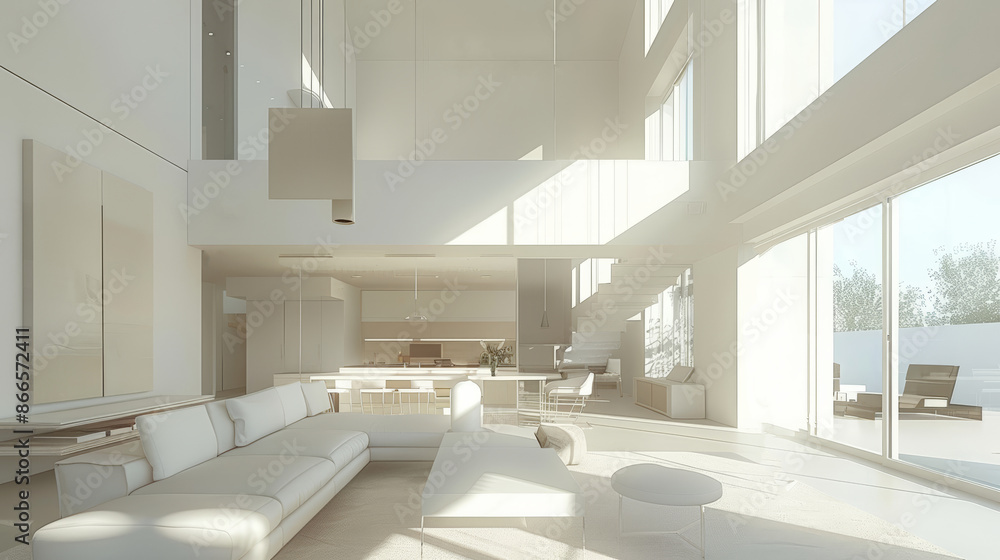 A spacious living room with white walls, a large white sofa, and a coffee table. Sunlight streams through large windows A spacious living room with white walls, a large white sofa, and a coffee table. Sunlight streams through large windows