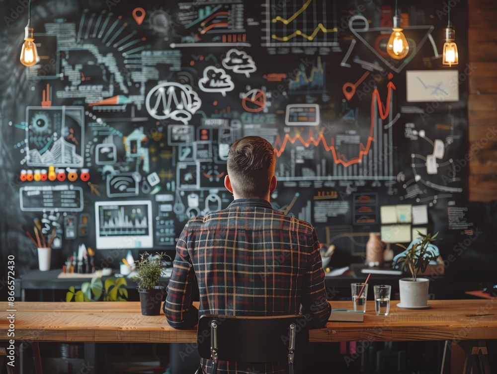 Man working at desk, back to camera, looking at whiteboard with diagrams and charts. Man working at desk, back to camera, looking at whiteboard with diagrams and charts.