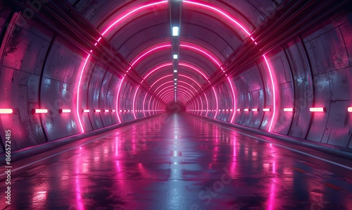 Neon abstract tunnel glows ultra violet rays turning right in space background; virtual reality jump light speed, space-time strings, night lights on highway.