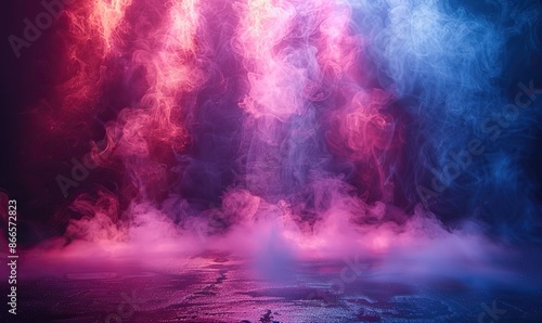 Abstract pink and purple smoke on black background. Empty display stage with light rays and mist or dry ice fog for show product display or Halloween event. Copy space.