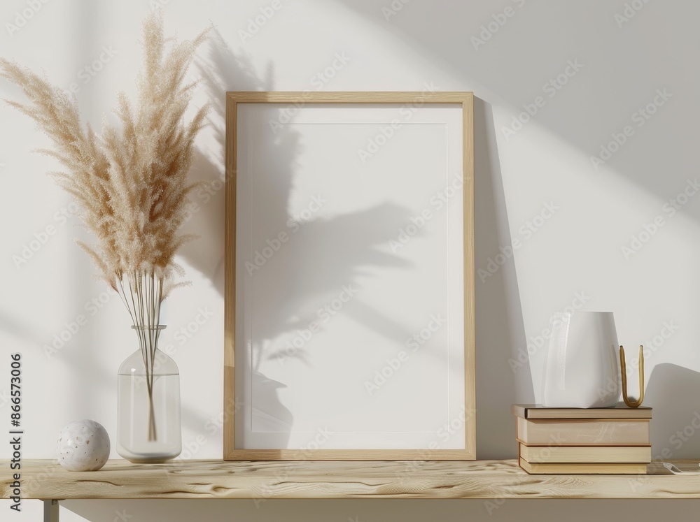 Mockup in 3d of a vertical frame in a warm neutral minimalist interior with dried pampas grass, trendy vase, and books on a beige brown wooden shelf. Illustration, rendering. Mockup in 3d of a vertical frame in a warm neutral minimalist interior with dried pampas grass, trendy vase, and books on a beige brown wooden shelf. Illustration, rendering.