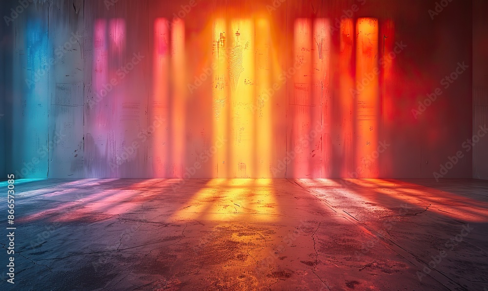 In an empty room, abstract rainbow light creates a natural, beautiful gradient on a white wall, conveying a sense of vibrant beauty and tranquility. In an empty room, abstract rainbow light creates a natural, beautiful gradient on a white wall, conveying a sense of vibrant beauty and tranquility.