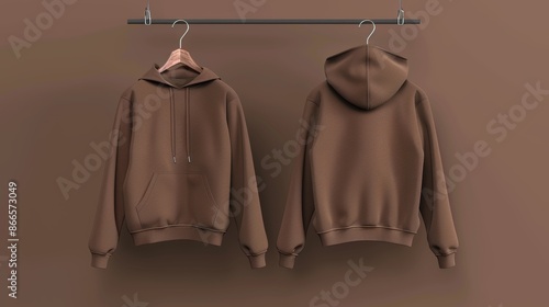 Three dimensional mockups of hooded sweatshirts with zippers in front, side, and back, 3D renderings and illustrations photo