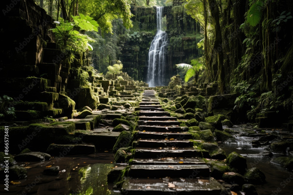 Obraz premium Siem Reap, Cambodia, the Kulen Mountain Nature Reserve (Phnom Kulen National Park), with waterfalls and trails., generative IA