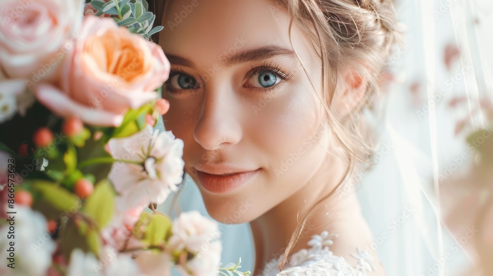 Naklejka premium Beautiful bride with flowers, light background, wedding portrait