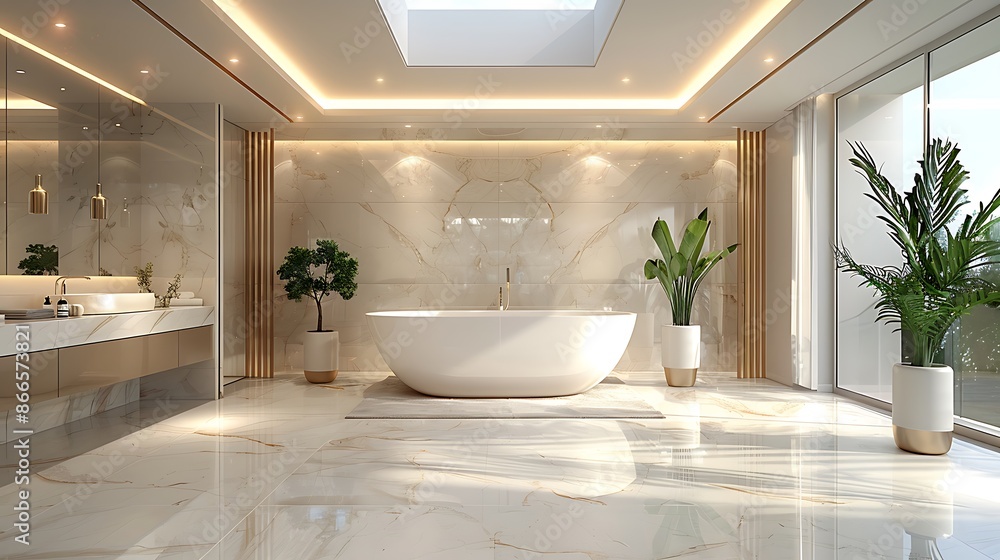 Fototapeta premium Modern minimalist bathroom featuring a white bathtub, marble floors, and natural lighting from skylights. The design exudes luxury and elegance with clean lines and a serene atmosphere, rendered in 3D