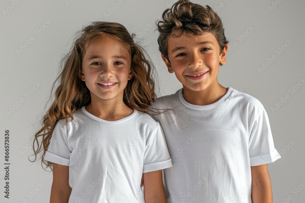 Shirt mockups of Caucasian kids with printed logos Shirt mockups of Caucasian kids with printed logos