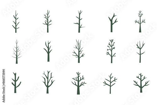 Dead trees silhouette vector set, collection of tree without leaves vector illustration, deciduous tree plant image, old winter tree isolated, cartoon dry trees collection, set of naked trees vector i