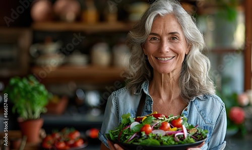 Smiling aged woman holds healthy vegetable salad bowl on blurred kitchen background, with copy space. © Sang