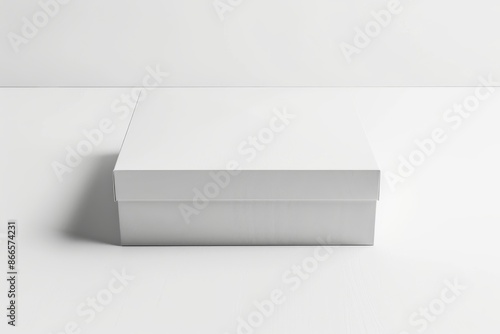 The image shows a photorealistic long square cardboard box mockup on a light grey background. The mockup template may be customized to fit your design. © Mark