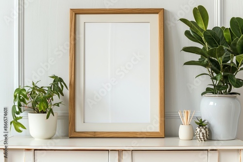 On white, there is a mock-up poster with a green plant and wooden frames.