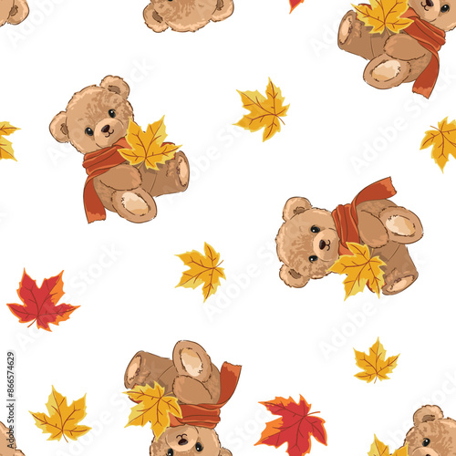 Teddy Bear in a scarf seamless pattern autumn vector illustration, Hand Drawn Cute print kids design