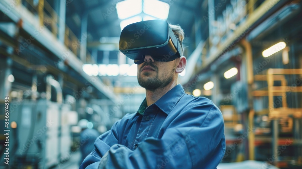 Construction worker with VR headset in factory, visualizing project, tech meets industry Construction worker with VR headset in factory, visualizing project, tech meets industry