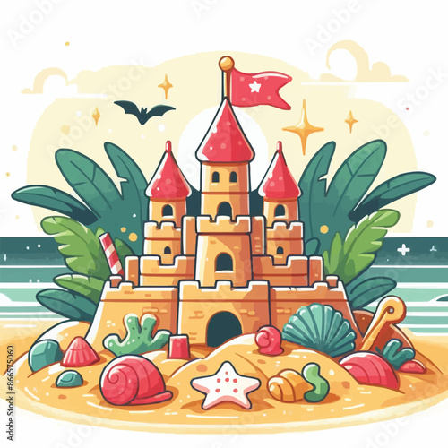 Beach sandcastle toy in summer to play near sea cartoon. Cute sand castle game icon with seashell and rock object. Kid vacation sculpture clipart drawing with red flag. Creative fantasy palace graphic