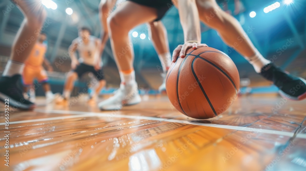 Detailed view of basketball on court, in play action Detailed view of basketball on court, in play action