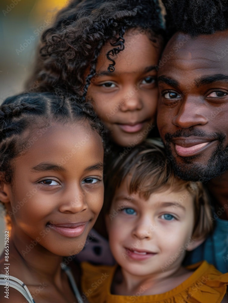A family of four, two girls and two boys, are hugging each other A family of four, two girls and two boys, are hugging each other