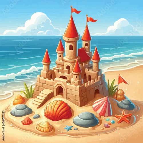 Beach sandcastle toy in summer to play near sea cartoon. Cute sand castle game icon with seashell and rock object. Kid vacation sculpture clipart drawing with red flag. Creative fantasy palace graphic