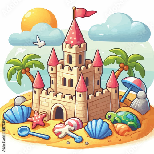 Beach sandcastle toy in summer to play near sea cartoon. Cute sand castle game icon with seashell and rock object. Kid vacation sculpture clipart drawing with red flag. Creative fantasy palace graphic