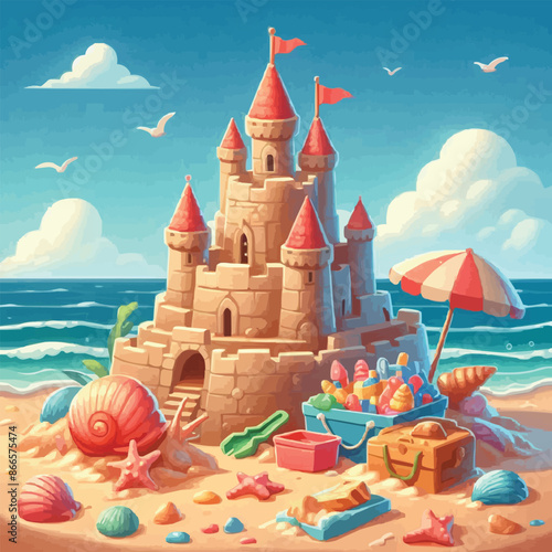 Beach sandcastle toy in summer to play near sea cartoon. Cute sand castle game icon with seashell and rock object. Kid vacation sculpture clipart drawing with red flag. Creative fantasy palace graphic
