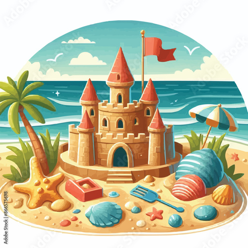 Beach sandcastle toy in summer to play near sea cartoon. Cute sand castle game icon with seashell and rock object. Kid vacation sculpture clipart drawing with red flag. Creative fantasy palace graphic